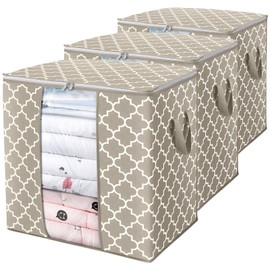 WISELIFE Storage Bags 3 Pack/100L Large Blanket Clothes Organization and Storage Containers for Comforters,Bedding, Foldable Organizer with Reinforced Handle, Clear Window, Sturdy Zippers,Beige