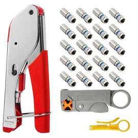 Coax Cable Crimper Cutter - TECHTOO Coaxial Cable Compression Fitting Tool Kit Wire Stripper for F RG6 RG59 with 20x Metal F Coax Compression Connectors (Tool Kit 1)