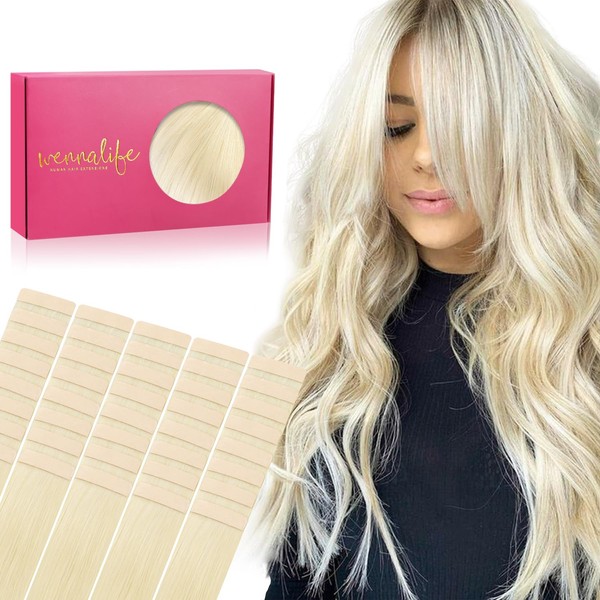 WENNALIFE Tape-In Real Hair Extensions, Real Hair, 40 Pieces, 100 g, 35 cm / 14 Inches, Platinum Blonde Hair Extensions, Invisible Tape-In Extensions, Real Hair Extensions, Silky Straight, Skin Weft