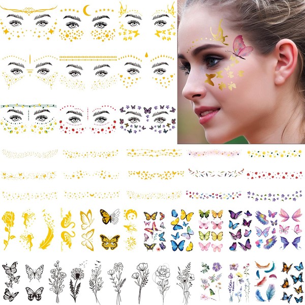 54 Sheets 150+ Pcs Face Tattoos Sticker and Freckle Sticker for Women, Glitter Metallic Face Temporary Tattoos for Parties, Halloween Face Tattoos Butterflies Flowers Temporary Tattoos Accessories