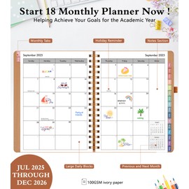 Monthly Planner 2025-2026, 18 Months Academic Calendar Planner from July 2025 - December 2026, 7.4'' x 9.6'' Monthly Planner with Tabs, Spiral Daily Planner Perfect for Office School Teacher Student, Brown