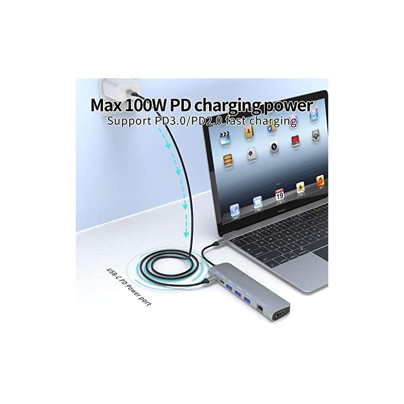 HUB C 9 en 1 USB con HDMI 4K, PD