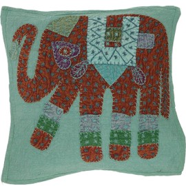 GURU SHOP Indian Cushion Cover, Embroidered Elephant Ethnostyle Cushion, Aqua, Green, Cotton, 40 x 40 cm, Decorative Cushion, Sofa Cushion