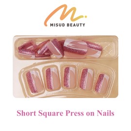MISUD Press on Nails Short Square Fake Nails Glossy Glue on Nails White French Tip Acrylic Nails Squoval Artificial Nails Bling Glitter Stick on False Nails with Design 24 pcs, 06013Pink