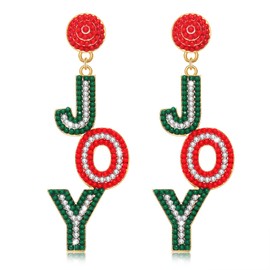 PHALIN Christmas Earrings for Women Beaded Dangle Earrings Rhinestone Holiday JOY Earrings Sparkling Crystal Xmas Letter Earrings Festive Holiday Jewelry Gifts (JOY D)