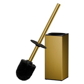 FORIOUS Toilet Brush and Holder Set, Heavy Duty 304 Stainless Steel Base Square and Long Handle for Bathroom Deep Cleaning, Drip-Proof, Space Saving for Storage, 2 Toilet Bowl Brush Head, Dark Gold