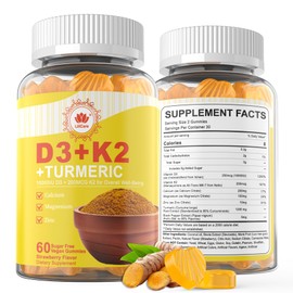 LiliCare Vegan Vitamin D3 10000IU & K2 (MK-7) 200mcg Gummies with Turmeric Extract 1200mg, Calcium, Magnesium, Zinc & Black Pepper– Supports Bone Health, Calcium Absorption & Immune System – 120 Count