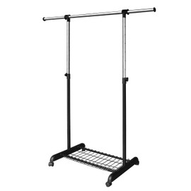 LiaMeE Adjustable Clothing Rack for Hanging Clothes, Heavy Duty Garment Rack with Wheels，Free Standing Rolling Clothes Rack with Shelf & Grid, Easy Assembly Standard Rod, Black & Chrome