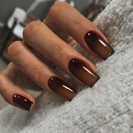 SXVME Uñas postizas largas cuadradas con degradado en marrón ruborizado y negro, uñas postizas francesas oscuras, uñas postizas de gel suave reutiliza