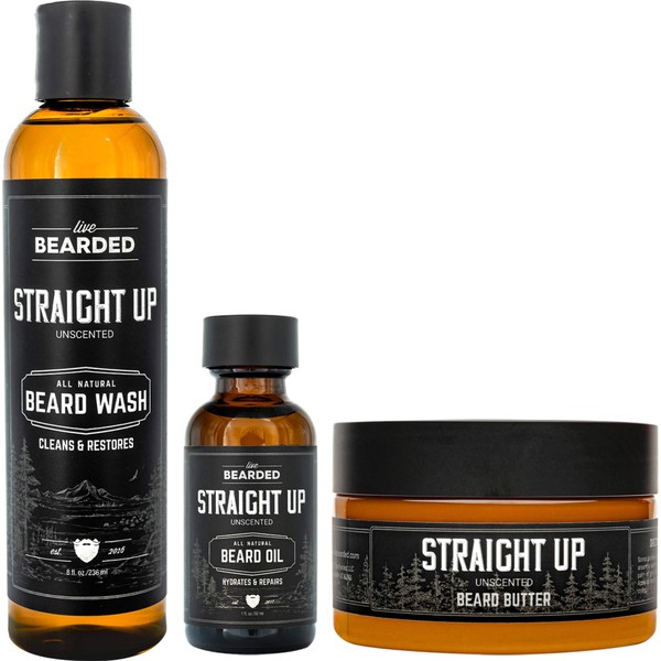 Live Bearded: 3-Step Beard Grooming Kit - Straight Up - Beard Wash, Beard Oil and Beard Butter - All-Natural Ingredients with Shea Butter, Jojoba Oil and More - Beard Growth Support - Made in the USA