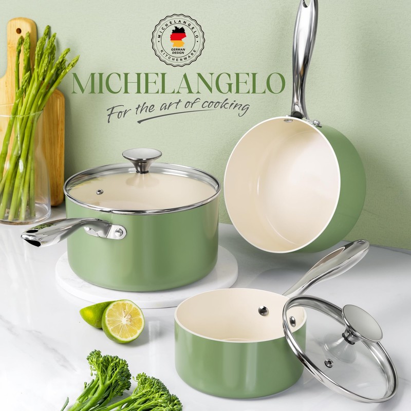 MICHELANGELO Sauce Pan with Lid, Non Stick Saucepan Set of