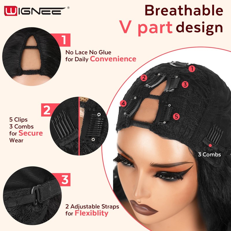 WIGNEE V Part Yaki Curly Wig Natural Look for Women