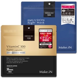 Make.iN Face Mask, Set of 2 Types (30 Sheets Each) | [Vitamin C 300] [Emulsion/Emulsion] Moisturizing Pack, Large Capacity, Made in Japan