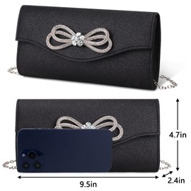 Gets Bow Evening Bag Rhinestone Clutch Purse for Women Sparkly Wedding Prom Purse Formal Cocktail Party Handbag with Chain (Black-1)
