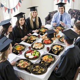 Litmitfu 150 Pcs Graduation Plates and Napkins 2025 - Black Gold Congrats Grad Class of 2025 Paper Dessert Dinner Plates Napkins Set for Graduation Party Decorations Supplies Table Decor, Serves 50