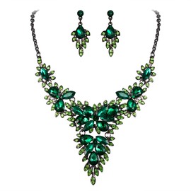 BriLove Women's Costume Jewelry Fashion Rhinestone Crystal Mix-Shape Cluster Leaf Statement Necklace Dangle Earrings Set Emerald Color Black-Tone
