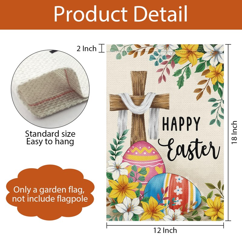 Wodison Happy Easter Cross Garden Flag 12x18 Inch Double Sided