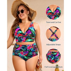 Women's Plus Size Two Piece Swimsuits - High Waisted Bikini Tummy Control Bathing Suits 2025 Twist Knot Swimwear, Floral, 16 Plus
