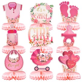 9 Pieces Pink Baby Girl Honeycomb Centerpieces Table Decor, It's a Girl Welcome Newborn Pattern Table Topper Ornaments Signs for Gender Reveal Baby Shower Party Decorations Photo Booth Props