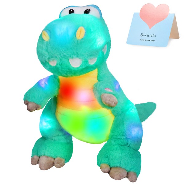 Houwsbaby 13'' LED Glowing T-Rex Night Light Dinosaur Stuffed Animal Soft Kawaii Plush Toy Hugging Gifts for Kids Boys Girls Decoration Holiday Birthday Present, Green