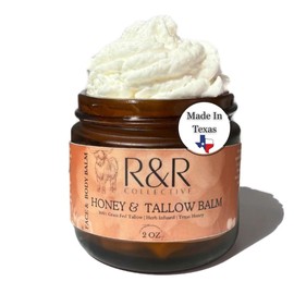 Handmade Honey & Tallow Balm- 100% Grass Fed Beef Tallow for Skin Care- 100% Natural Whipped Tallow Balm- Sensitive & Dry Skin, Eczema, Psoriasis- 2 FL. oz