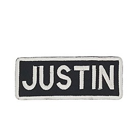 DealzCT Justin White on Black with Border Iron On Sew On Name Tag Small Patch for Jacket Vest
