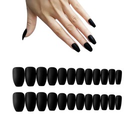 Pack of 24 Matte Ballerina Pure Colour False Nails Coffin Full Cover Medium Acrylic Art Nail Tips for Women and Girls (Black)