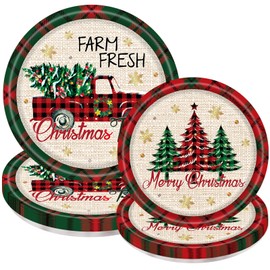 40 Pcs Christmas Paper Plates Disposable Tableware Set Rustic Truck Trees Red Green Black Plaid Printed Dessert Paper Plates Decorative for Winter Christmas Holiday Dinner Party Table Supplies