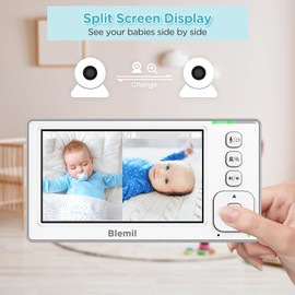 Blemil Baby Monitor with 2 Cameras and Audio, 4.3'' IPS Split-Screen Monitor with 29-Hour Battery, 1000ft Range Pan-Tilt-Zoom Video Baby Monitor No WiFi, 2X Zoom