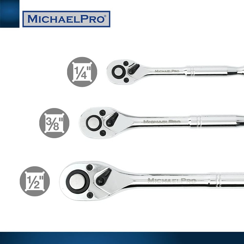 MichaelPro 3-Piece Quick-Release Ratchet Set with Teardrop Head, 90 Tooth
