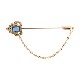 Knighthood Crowned Blue Stone with Hanging Chain Lapel Pin/Brooch Golden