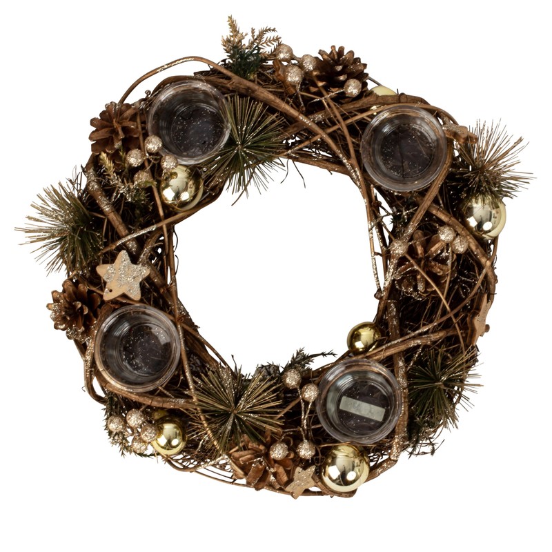 Christmas Advent Wreath Made of Multiple Materials Round with Gold/Brown