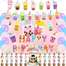 Boba Tea Party Decorations,Bubble Milk Tea Birthday Party Supplies Set Include Boba Tea Backdrop Banner Ballons and Boba Tea Cupcake Toppers for Boba Birthday Party Decorations