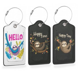 Colorful Sloth Hello 3 Pack Luggage Tags for Suitcases, Happy Sloth Hanging PU Leather Luggage Tag for Travel, Bag Tags with Privacy Name ID Card and Steel Loop for Women Men