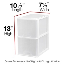 Plastic 2-Drawer Storage Organizer, Slim Narrow, White/Clear Crafts Drawers Storage Organizer (13"H x 10"D x 7"W)