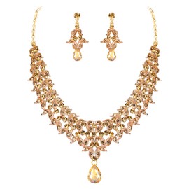 BriLove Women's Wedding Bridal Cluster Leaf Teardrop Statement Necklace Dangle Earrings Jewelry Set Brown Gold-Toned