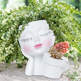 Face Planter Pot, Dual Flower Pots in One with Drainage Holes for Succulents Cactus, Face Flower Pot Head Planter for Indoor Outdoor Plants, DIY Novelty Lady Face Plant Pots (White)
