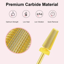 Cnynail 5 in 1 Nail Drill Bit, Tungsten Carbide Multi-Function Bit for Acrylic Nails, Hard Gels, Cuticles Removal, 3/32" Shank, Two-Way Rotation for Left & Right-Handed Use (XF Grit, Gold)