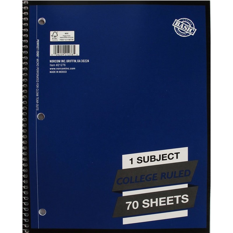 1 Subject College Ruled Spiral Notebook Solid Colors Perforated Edge