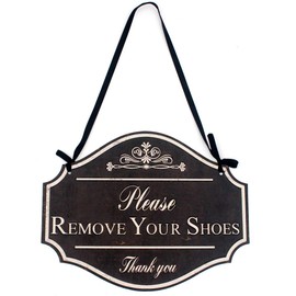 Funly mee Vintage Distressed Black Metal Please Remove Your Shoes Wall Decorative Sign-Take Your Shoes Off Sign for Door -12.2×9.5(in)