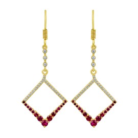18K Yellow Gold Plated Red 1Ct Lab Created Ruby and White Simulated Diamond Dangle Earrings For Women, Jewelry Gifts For Mom Wife Her, 18K Yellow Gold Plated 1Ct Lab Grown Ruby 0.50Ct Simulated