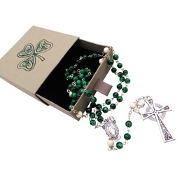 Westmon Works Irish First Holy Communion Rosary with Green Glass Beads and a Celtic Crucifix in a Protective Case, Medium, Metal