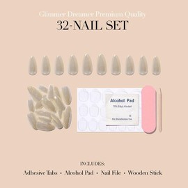 Press On Nails 32 White – Medium Almond I Thick Gel Coating Reusable Press on Nails - Lustrous Pearl I Pearl Tip for Adult I Nails with Adhesive Tabs, Clean Pad, Nail File & Wood Stick
