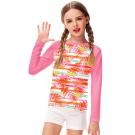 Rash Guard for Kid Girls Tropical Shirts for Swimming Bright Color Long Sleeve Sun Blocking Shirts Pink 7-8 Y