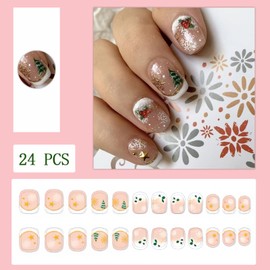 Christmas Press on Nails Short Square Fake Nails Christmas Red Fruit False Nails White French with Snowflake Christmas Tree Acrylic Nails Full Cover Stick on Nails for Women Party Nails Decor 24pcs