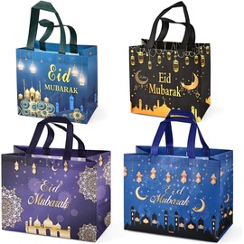 PARSUP Eid Mubarak Reusable Gift Bags, Eid Mubarak Party Bags, Multifunctional Non-Woven Eid Bags for Gift Wrapping, Ramadan Kareem Party Supplies, 23 x 22 x 11 cm, Pack of 4, multicoloured