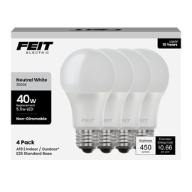 Feit Electric A19 LED Light Bulb, 40-Watt Equivalent, 3500K Neutral White, E26 Base, 450 Lumens, 11,000-Hour Lifespan, General-purpose Residential or Commercial Applications, A450/835/10KLED/4, 4-Pack