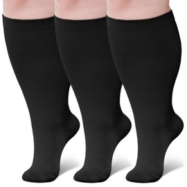 Wide Calf Compression Socks: Plus Size Compression Stockings for Men Women - Extra Large 20-30 mmHg Compression Hose Support for Travel Nurses Running Pregnancy 3 Pairs XL Black