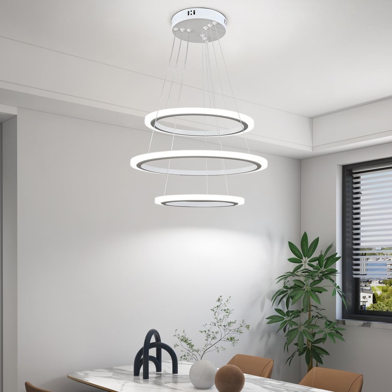 O'NEELDY Modern LED Chandeliers White Pendant Light Fixture 3 Ring