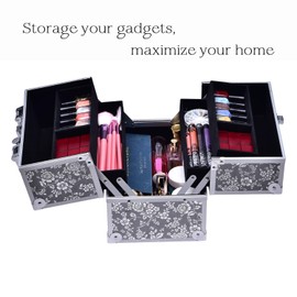 Frenessa Professional Makeup Train Case Aluminum 4-Tier Trays Cosmetic Box Jewelry Storage Organizer with Lockable Portable Travel Makeup Storage Box for Women and Girls Silver Floral